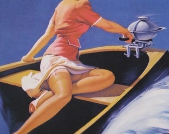 ELVGREN SAILOR GIRL in Motor Boat  - Pin-Up Deco - Bathroom pinup - 1940,s calendar art. Fine Art Giclee Print.