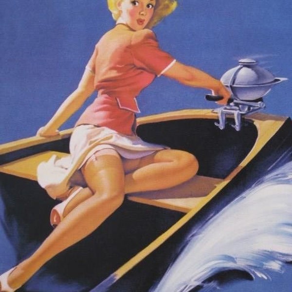 ELVGREN SAILOR GIRL in Motor Boat  - Pin-Up Deco - Bathroom pinup - 1940,s calendar art. Fine Art Giclee Print.