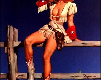 ELVGREN - AIMING to PLEASE - Pin-Up - Texas, Colt Peace maker, Cowgirl, Cowboy, Pinup, Gun, Boots, 1940's, 50s - Calendar Illustration 12x18
