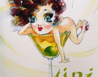 SALE! Nude Pinup MARTINI TIME by Recreation of Disney artist 1940, Art Deco Flapper Gatsby, Pin-Up Bar, Club or restaurant 8x11 art Giclee