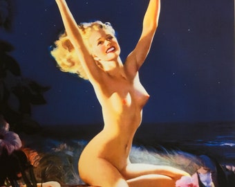 Gil ELVGREN - ISLAND MEMORIES - Gay Nymph  Island Nude Hawaii Hawaiian 1940s 50s  Midcentury calendar pin-up illustration art