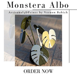 Pode incluir: Uma escultura impressa em 3D de uma planta Monstera Albo com folhas verdes e brancas. A escultura é feita por Vernon Babich e está disponível para compra. O texto "ORDER NOW" é exibido abaixo da escultura.