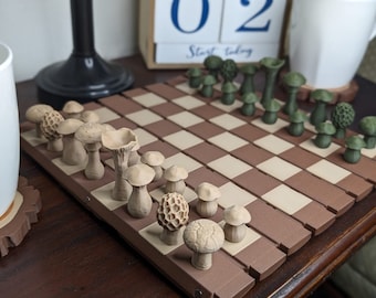 Forest Chess Set - Log and Mushroom Chess Board.  Portable Chess Roll up for Travel.  Or Roll Up for Plant Decor.  Forgecore Designs.