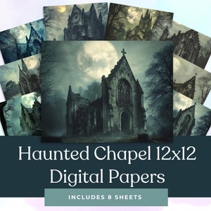 May include: A set of eight 12x12 inch digital papers featuring a spooky, abandoned chapel in a dark forest with a full moon in the sky. The papers are perfect for scrapbooking, card making, and other crafting projects.
