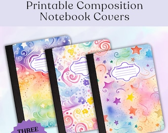 PRINTABLE Rainbow Swirly Stars Set of 3 Composition Notebook Covers, Wraps | Front and Back Covers | 8.5x11 Instant PDF Download