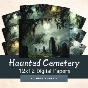 May include: A collection of eight 12x12 inch digital papers featuring a spooky haunted cemetery scene under a full moon. The artwork depicts a graveyard with weathered tombstones, gnarled trees, and a misty atmosphere, perfect for Halloween-themed crafts.