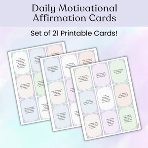 May include: Set of 21 printable affirmation cards with a pastel color scheme and decorative borders. Each card features a positive affirmation, such as "I am grateful" and "I am focused and determined to succeed."