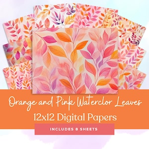 May include: Eight digital papers featuring watercolor leaves in shades of orange and pink. The papers are 12x12 inches and are perfect for scrapbooking, card making, and other craft projects.  Orange and Pink Watercolor Leaves 12x12 Digital Papers INCLUDES 8 SHEETS