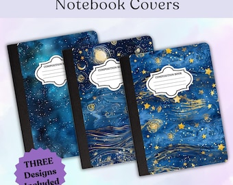 May include: Three composition notebook covers with starry night designs. The covers are blue with gold and white accents, and feature the text "Printable Composition Notebook Covers". Each notebook has a black spine and a white label that says "Composition Book".