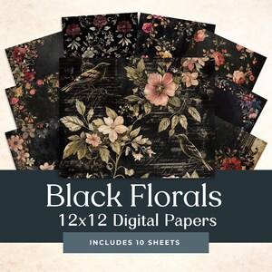 May include: Set of 10 digital papers featuring black floral patterns with a vintage aesthetic. Each paper is 12x12 inches.