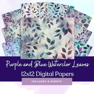 May include: Eight digital papers featuring watercolor leaves in shades of purple and blue. The papers are 12x12 inches and are perfect for scrapbooking, card making, and other crafting projects.  Includes 8 sheets.