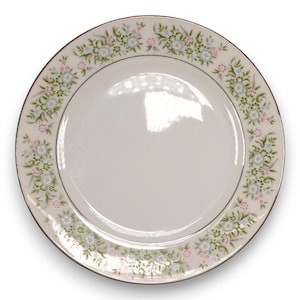 Puede incluir: Un plato de cerámica blanca con un diseño floral. El borde presenta pequeñas flores azules, rosas y verdes. Una fina banda dorada bordea el diseño floral y el borde del plato. El plato es redondo y tiene un acabado brillante.