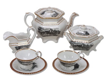 J & W Ridgway 2/1272 Set da tè esagonale Staffordshire Transferware Antico 1825