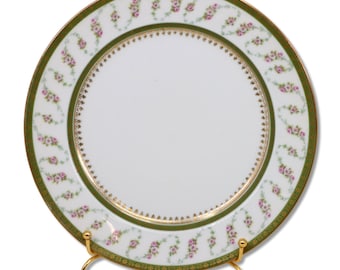 Plato de ensalada/postre GDA Limoges de 21,5 cm (8,5 pulgadas) con guirnalda de rosas, banda verde y detalles dorados, estilo antiguo de la década de 1890.