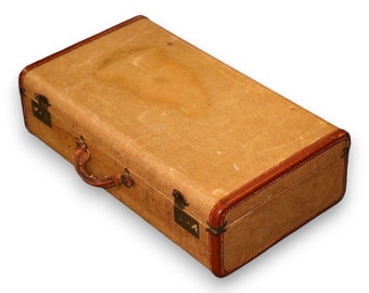 Tan Tweed Leather Trim Vintage Suitcase 24" Brass Locks. Circa 1940's