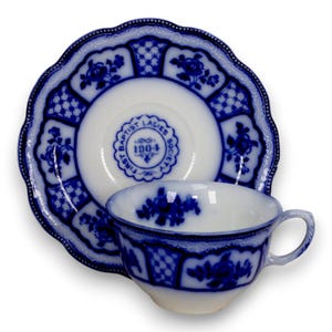 W.H. Grindley Melbourne Flow Blue Tea Cup Saucer Baptist Society Antique 1904