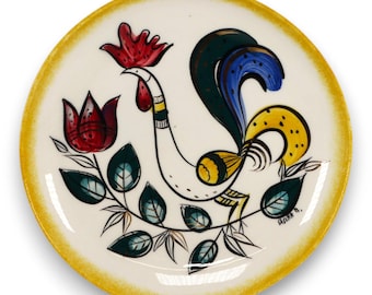 Rare Sascha Brastoff Rooster Dinner Plate Teal leaves Yellow Rim Vintage 1950s