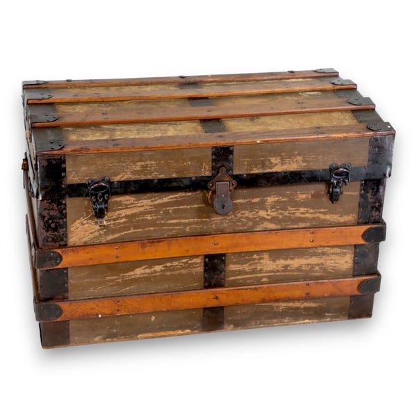 Flat Top Brown Canvas Steamer Trunk Coffee Table 33x21x19 Antique 1900's