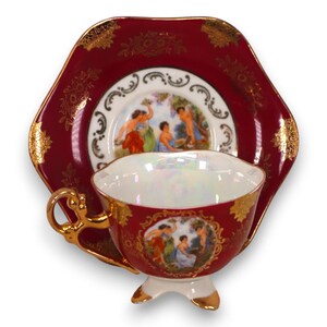 Shafford Japan Victorian Scene Burgundy Footed Tea Cup Saucer Set Gold Gilt