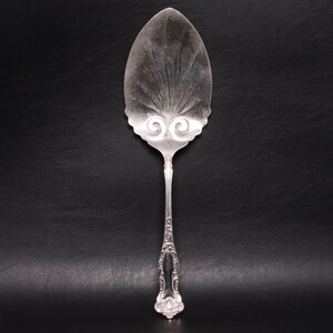 May include: A silver-toned metal cake server featuring an elongated, pointed blade with a fan-like embossed pattern and two spiral motifs at the base. The handle is slender with intricate, ornate scrollwork detailing along its entire length.