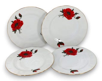 JRJS Cluj Juego de 4 piezas de plato para pan y mantequilla con diseño de amapola roja, 6 3/8" Porzellan rumano