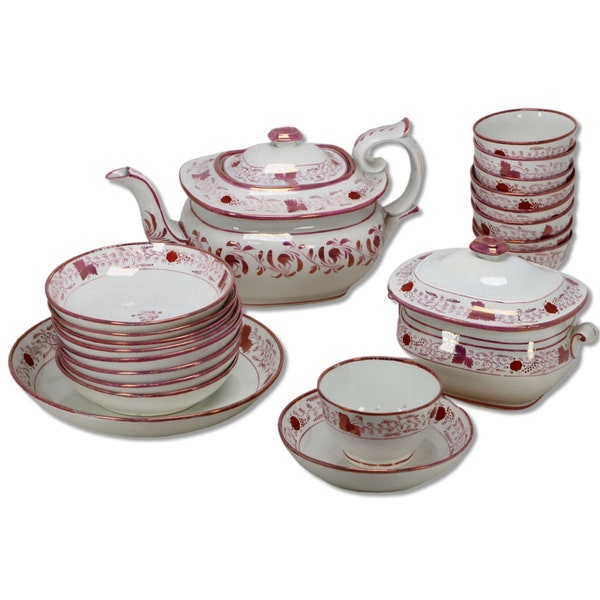 21pc Sunderland Pearlware Pink Lustre Tea Set London Shape Pot Enland Antique