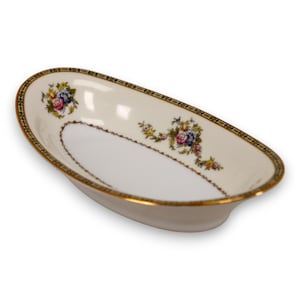 Cuenco ovalado para verduras Noritake M Morimura con banda amarilla lisa y ribete dorado, 1933