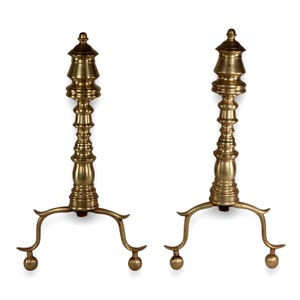 Antique Brass Fireplace Andirons 15" H Firedogs Hearth Pair Victorian 1890