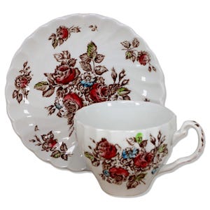 May include: A white teacup and saucer set featuring a floral rose design in red, brown, blue, and green. The cup has a curved handle, and the saucer has a scalloped edge. The set is likely vintage.