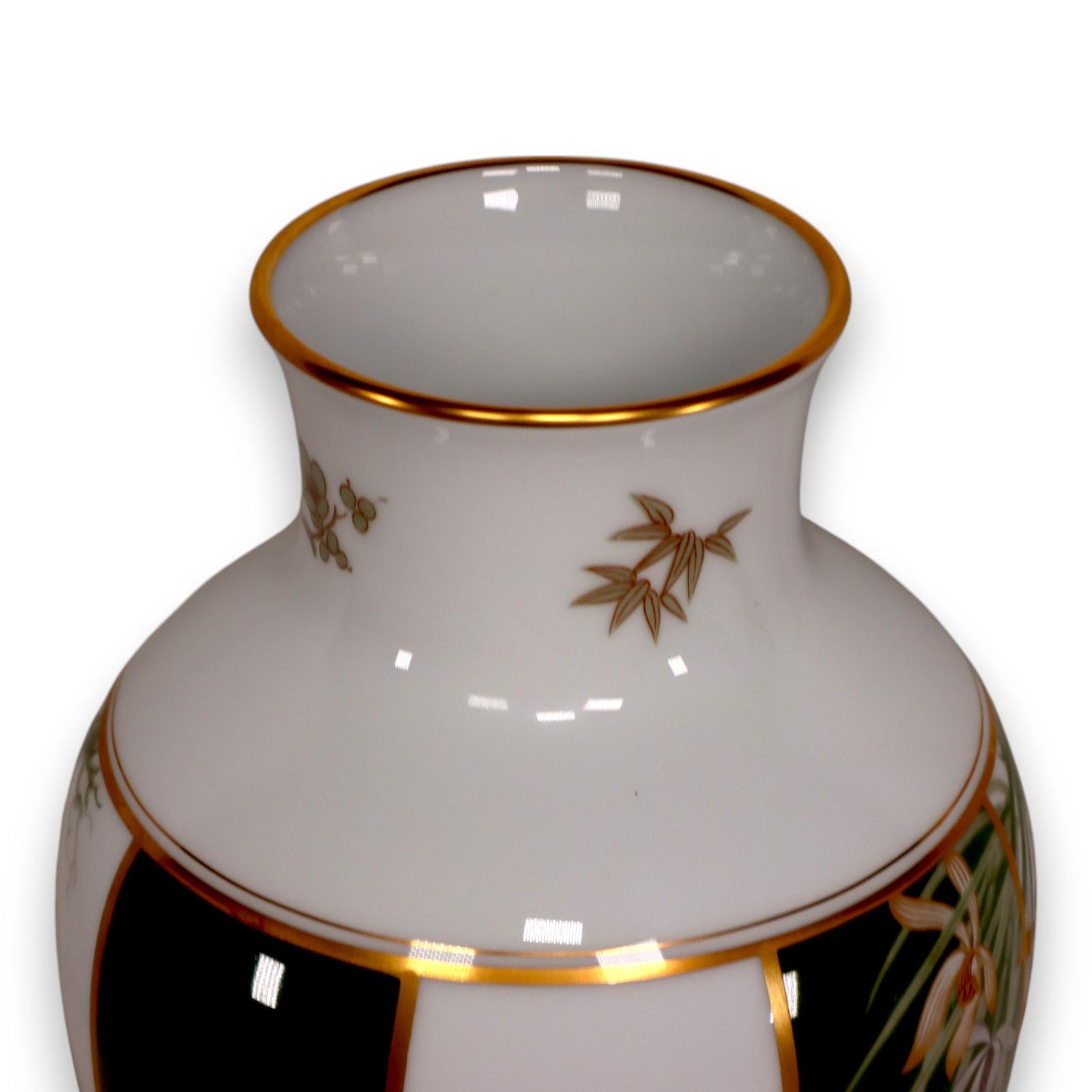 Okura Franklin Mint Japanese Vase of the Noble Orchid Wood Base
