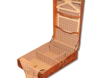 English Leather Wardrobe Suitcase Travel Trunk Brass Vintage 30x22x9 Antique