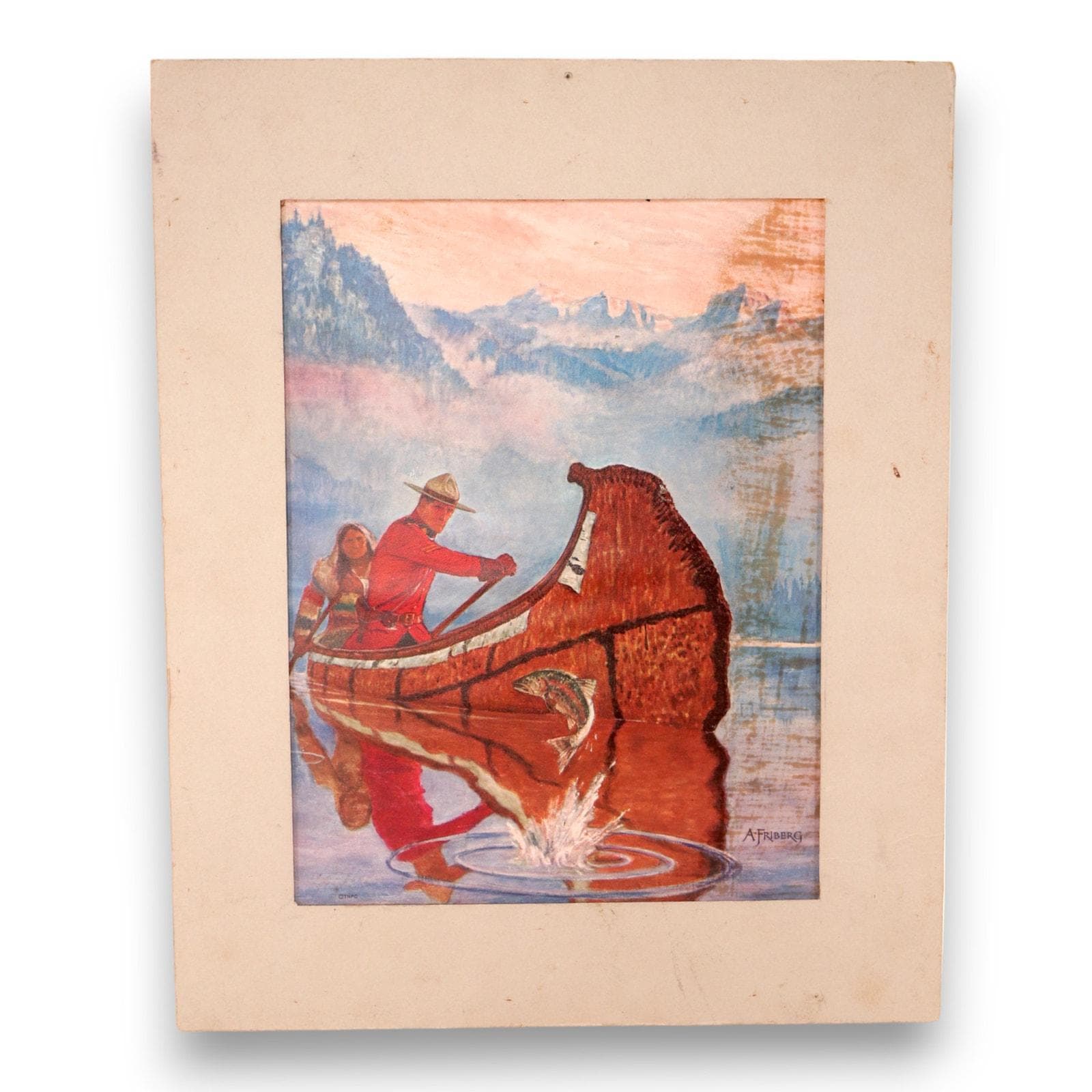 A Friberg Canadian Mountie in Canoe Litho print Vintage TNPC Northwest Paper Adv