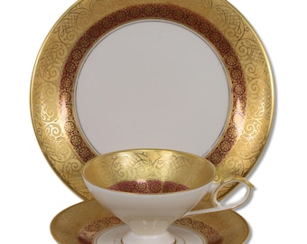 Tettau Echt Atzgold 15 Maroon Gold Encrusted Trio Theekopje Schotel Dessertbord