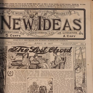 Puede incluir: Una edición vintage de 1907 de la revista The World's Progress New Ideas, con ilustraciones en blanco y negro, tipografía decorativa y texto. La portada muestra el título, la fecha del 15 de abril de 1907 y una historia titulada The Lost Chord por Cytia.
