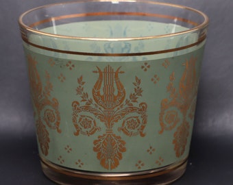 Jeanette Gold Laurel Lyre Green 22kt Ice Bucket Vintage Glass MCM 1950's