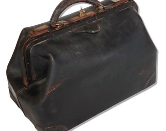 Black Leather 16" Doctor Medical Travel Bag with Key Antique Early 20th C.