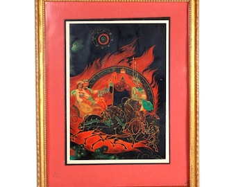 ルーシー・マキシム作「太陽神の宮殿へ」ロシア漆版画 8x10インチ ヴィンテージ