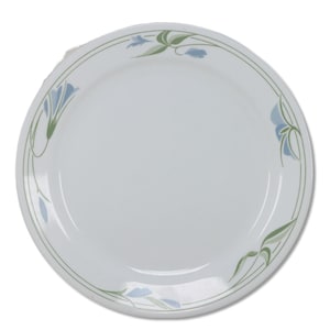 Puede incluir: Plato de cerámica blanca con diseño floral. El plato presenta un delicado patrón de flores azules y hojas verdes, enmarcado por finas líneas verdes. El diseño se repite alrededor del borde del plato.