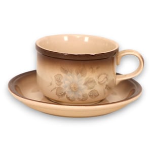 Johnson Bros Autumn Mist Flat Cup Saucer Set 2 1/2&quot; Tan Brown England Vintage