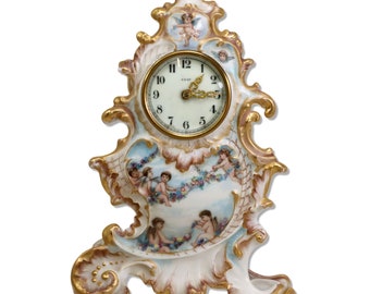 1894 Limoges Porcelain Hand Painted Cherubs Mantle Clock 10 1/2" 8 Day Wind Up