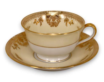Noritake M Goldlea 7289 Tea Cup Saucer Set  Gold Trimmed Japan Vintage 1930's
