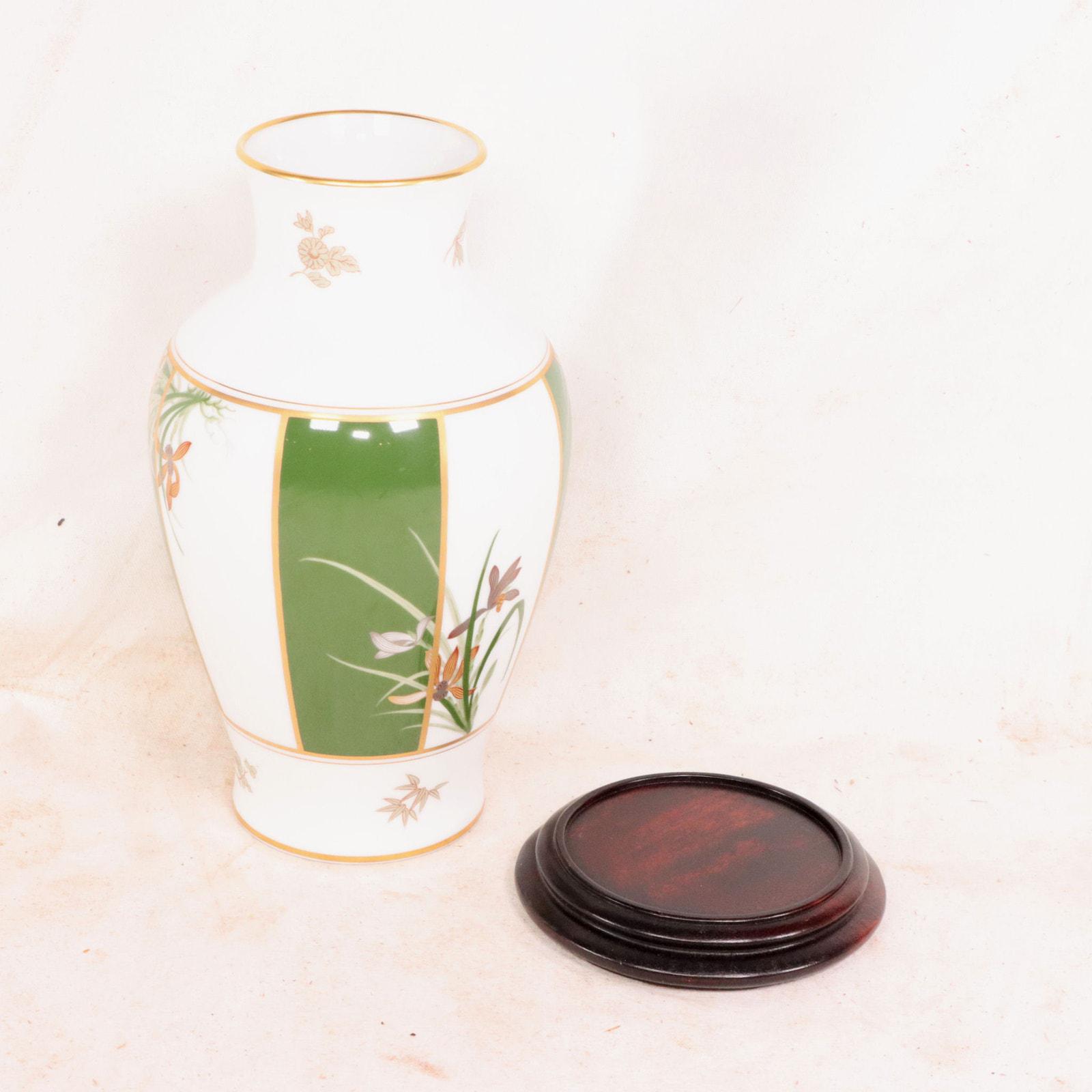 Okura Franklin Mint Japanese Vase of the Noble Orchid Wood Base