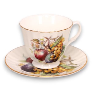 Newhall Staffordshire Fruit Bone China Footed Tea Cup & Saucer Vintage 1980s