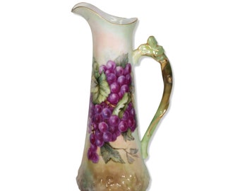 Tressemann Vogt TV Limoges 12.5” Ewer Pitcher HP Grapes Leaf Handle Signed 1903