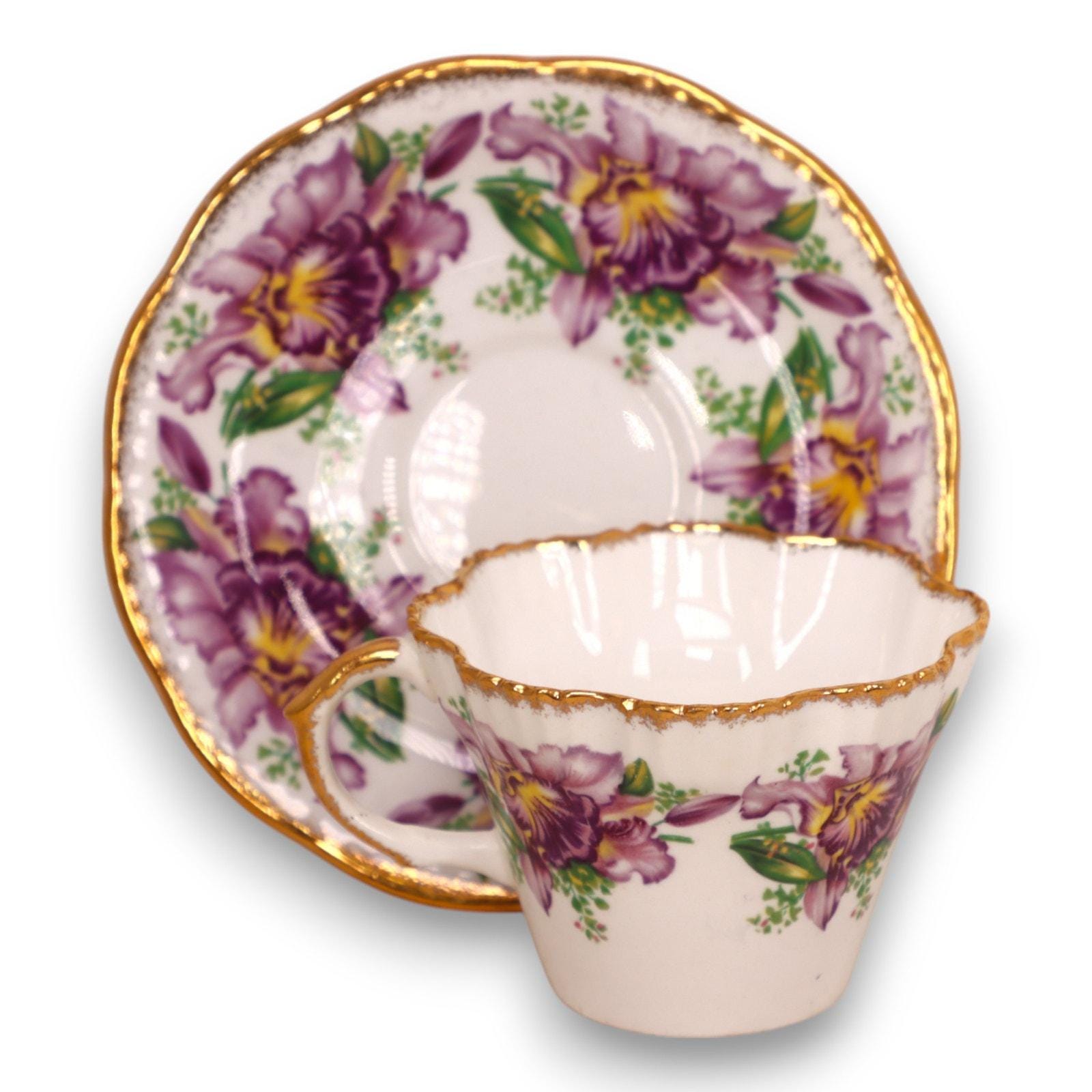 Salisbury Garland Purple Floral Flat Tea Cup Saucer Set England Vintage