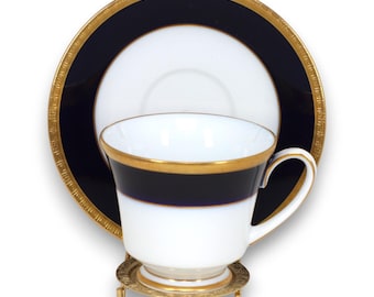 Noritake Vahalla Tea Cup Saucer Set Cobalt Blue Gold Rim Japan Vintage 1970&#39;s