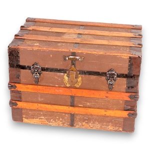 Flat Top Antique Steamer Trunk 28&quot; Brown Canvas Pirate Chest Coffee Table 1890&#39;s
