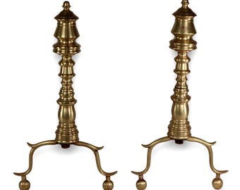 Antique Brass Fireplace Andirons 15" H Firedogs Hearth Pair Victorian 1890