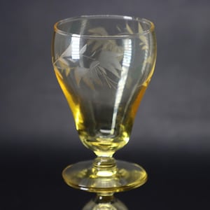 Lancaster Topaz Yellow Water Lilly Etched 3 3/4&quot; Parfait Depression Glass 1920&#39;s