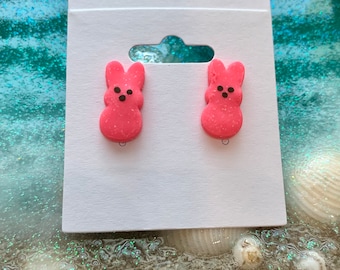 Boutique Spring Easter Peep Bunny Rabbit Post Stud Earring Earrings CCDF Handmade Pink Glitter